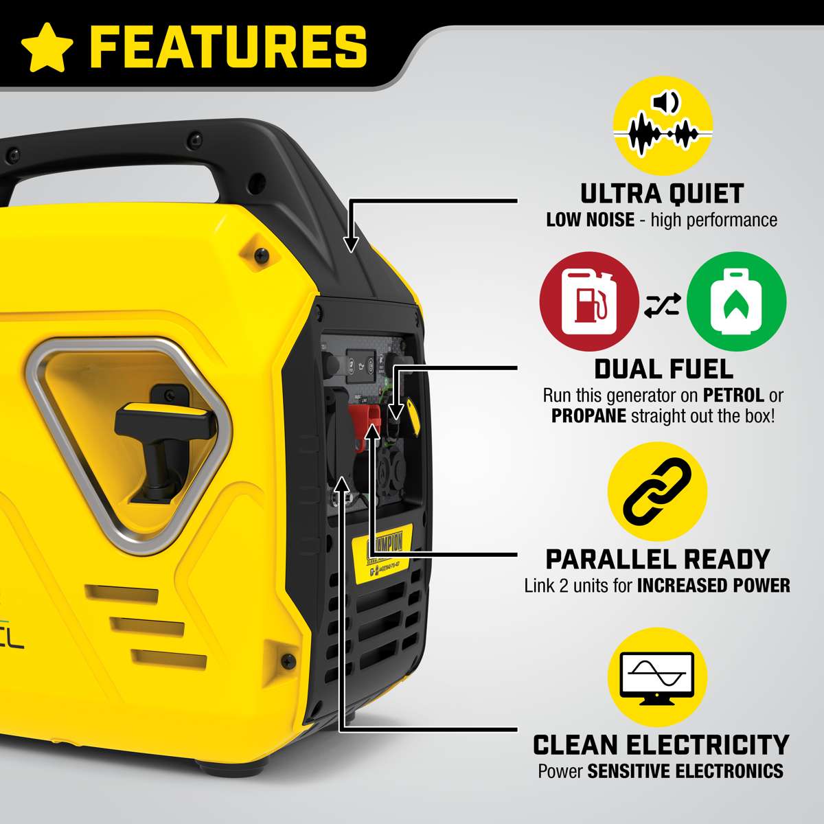 Generator inwerterowy Champion 2200 W „The Mighty Atom – Dual Fuel”